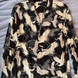 All Saints Tsuru Black and Cream Viscose Long Sleeve Shirt